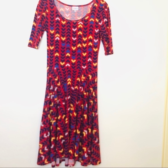 LuLaRoe Red Navy Arrow Print Midi Dress Size S - Picture 4 of 7